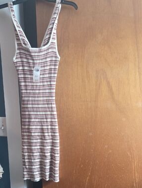 NSR Ribbed Striped Tank Dress in Cream and Dusty Rose